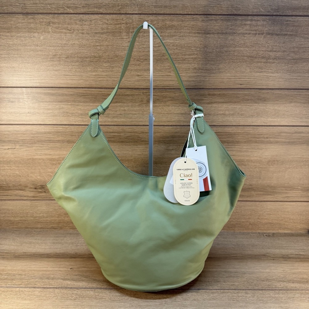New Viola Castellani Italy Leather Hobo Shoulder Bucket Bag Pouch Sage Green